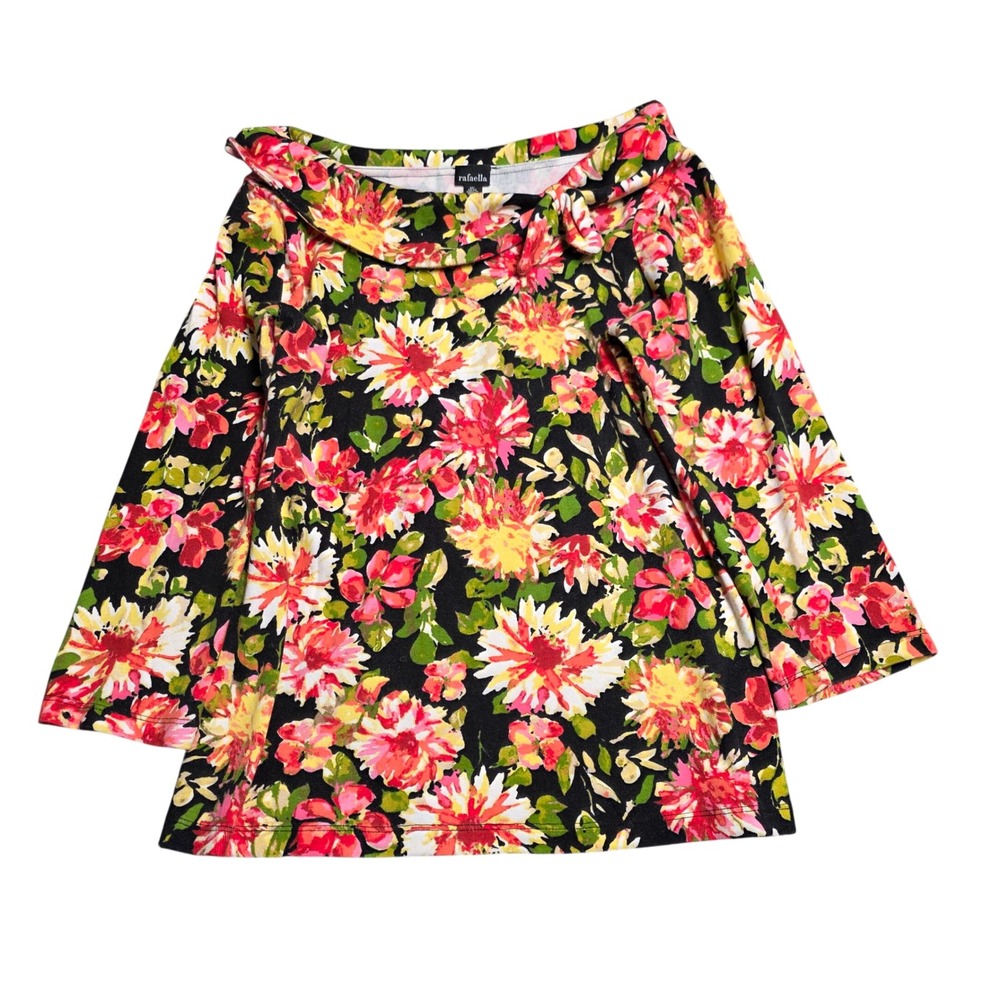 Rafaella Floral Knit Boat Neck Tie Blouse Women's Size M Black 3/4 Sleeve